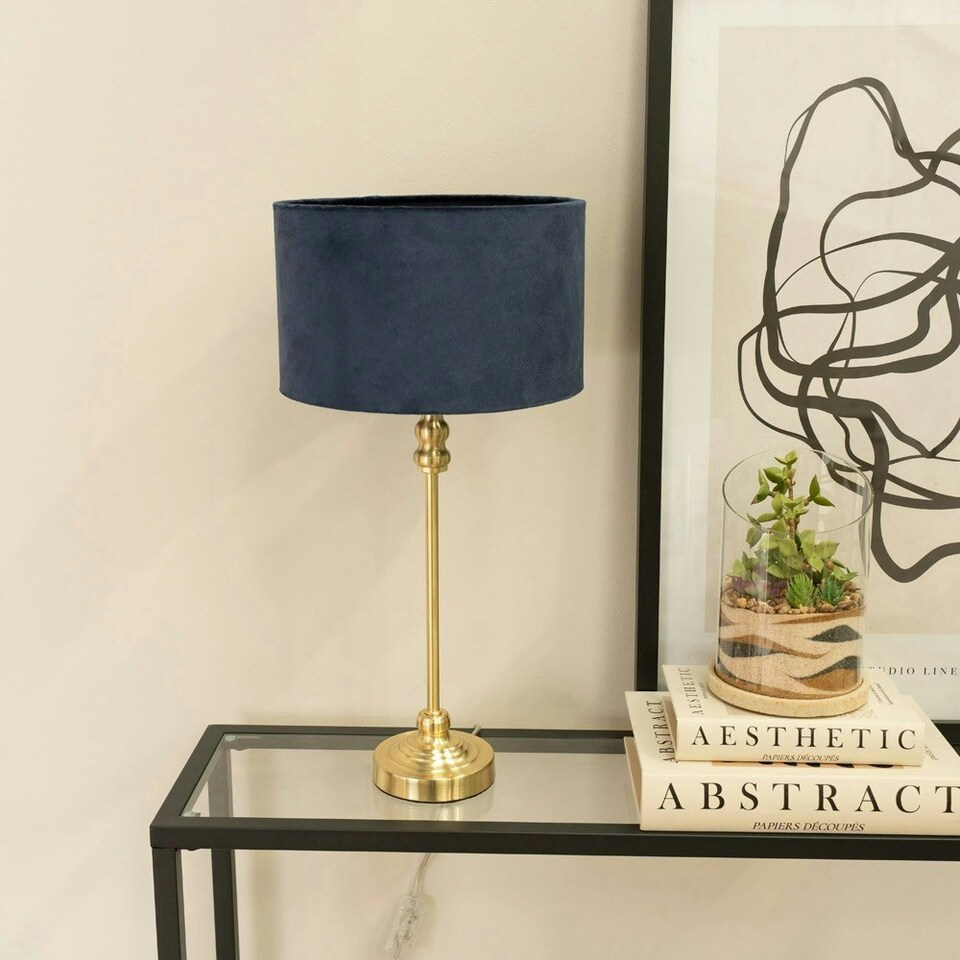 image 1 of ValueLights Maggie Gold Metal Candlestick Slim Table Lamp with Navy Blue Velvet Drum Lamp Shade Gold
