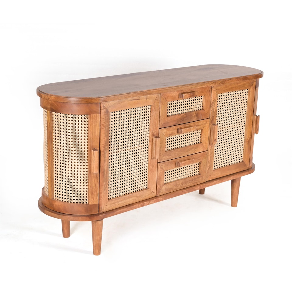 image 1 of Solid Mango Wood Sideboard Buffet Cabinet with Cane Doors & Drawers – Dark Oak Finish Credenza Storage Cabinet, No Veneer Console Table, Fully Assembled with Legs to Attach, Mid Century Modern Furniture