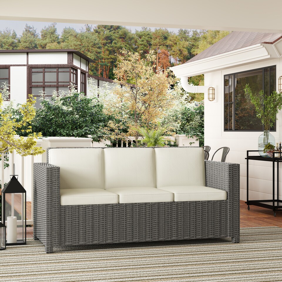 image 1 of Outsunny 3 Seater Rattan Sofa with 10 cm Thick Padded Cushion, All-Weather PE Wicker Weave Garden Three-seater Bench with Armrests, Cream White