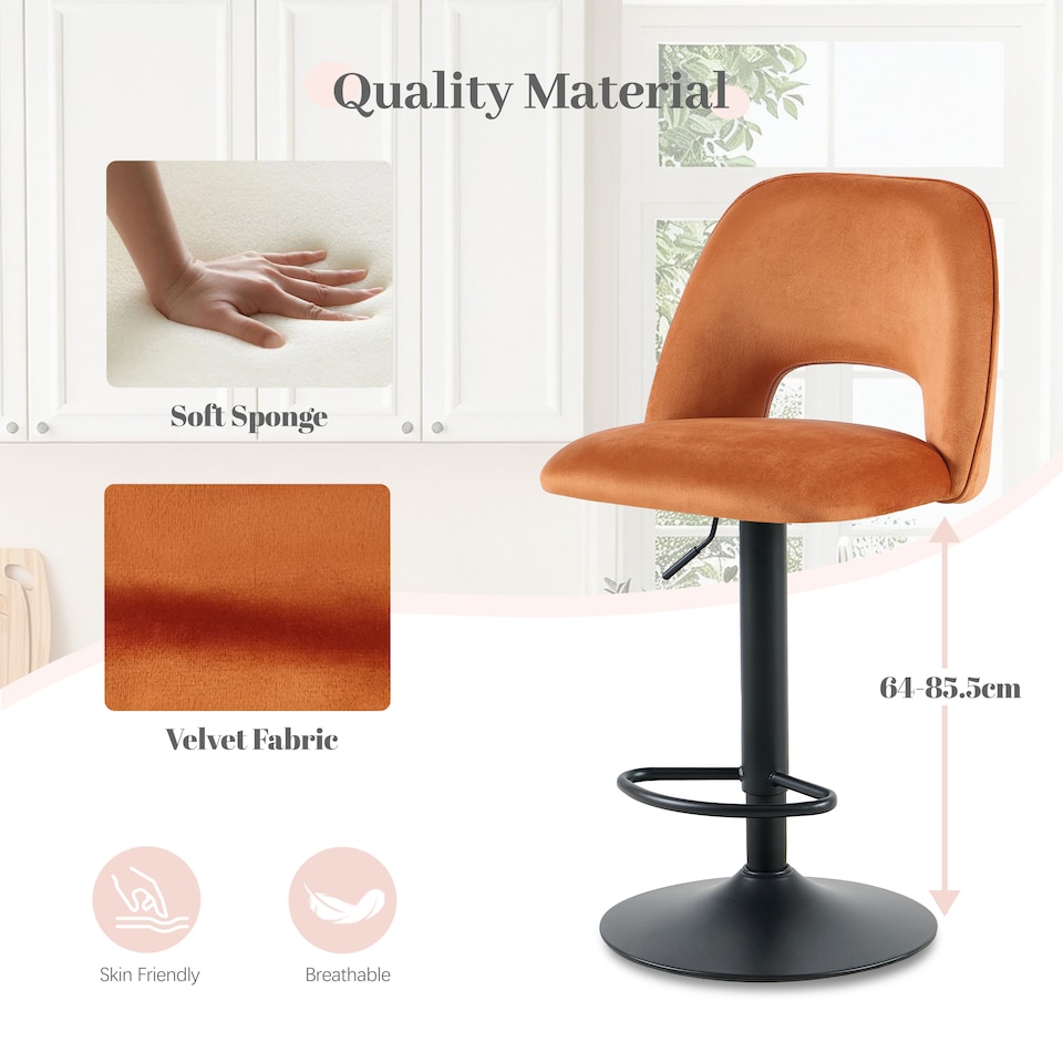 image 1 of SONARA Set of 1 Adjustable Velvet Upholstered Breakfast Bar Stools | Orange