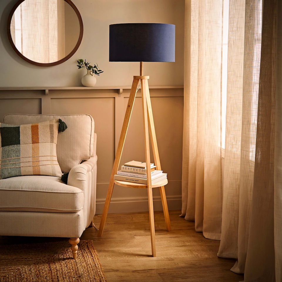 image 1 of ValueLights Morrigan Navy Shade Natural Wood Tripod Floor Lamp | Blue