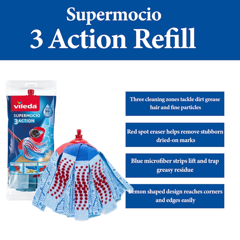 image 1 of Vileda SuperMocio 3 Action Mop Refill Microfibre Floor Cleaning Replacement Head
