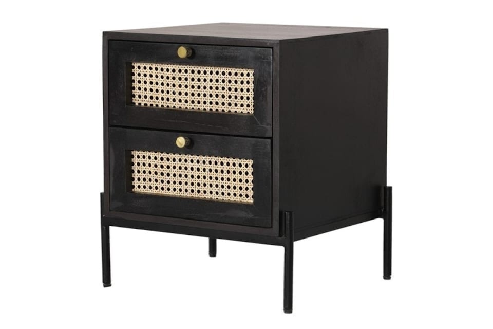 image 1 of Rattan Bedside Table 2 Drawer - Mango Wood/Iron - L45 x W45 x H55 cm - Black Finish with Natural Rattan - Assembly Required