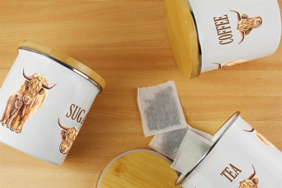 image 1 of Highland Cow Tea, Coffee & Sugar Large Kitchen Canisters - Set of 3
