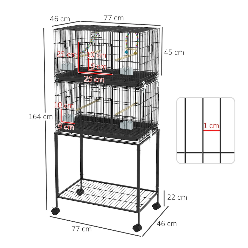 image 1 of PawHut Two-Tier Bird Cage on Wheels w/ Stand, for Canaries