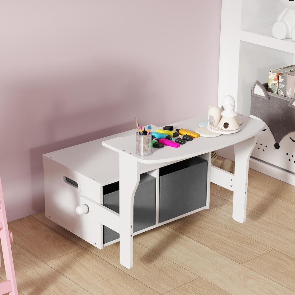 image 1 of AIYAPLAY 3 in 1 Kids Storage Bench, Toddler Table and Chair Set, White