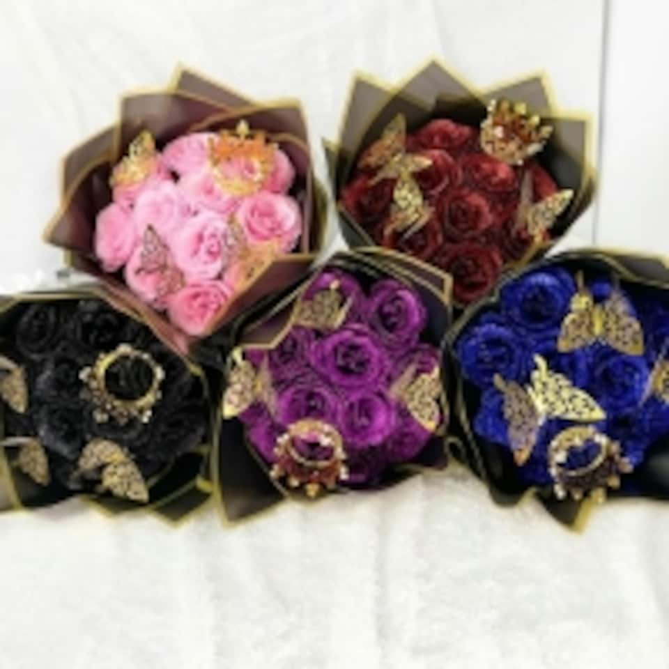image 1 of Artificial 12 Red Rose Flower Bouquet With Glitter Crown Butterfly Wedding Party Decoration