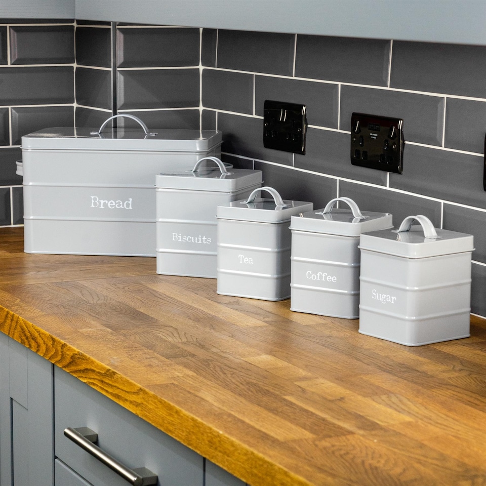 image 1 of Harbour Housewares Vintage Metal Kitchen Tea Coffee Sugar Canisters - Grey