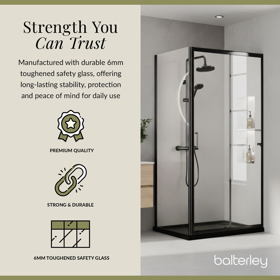 image 1 of Balterley Sliding Shower Suite with 6mm Safety Glass Door, Side Panel & 1200 x 700mm Tray in Matt Black Finish | Black | Matt Black | 3