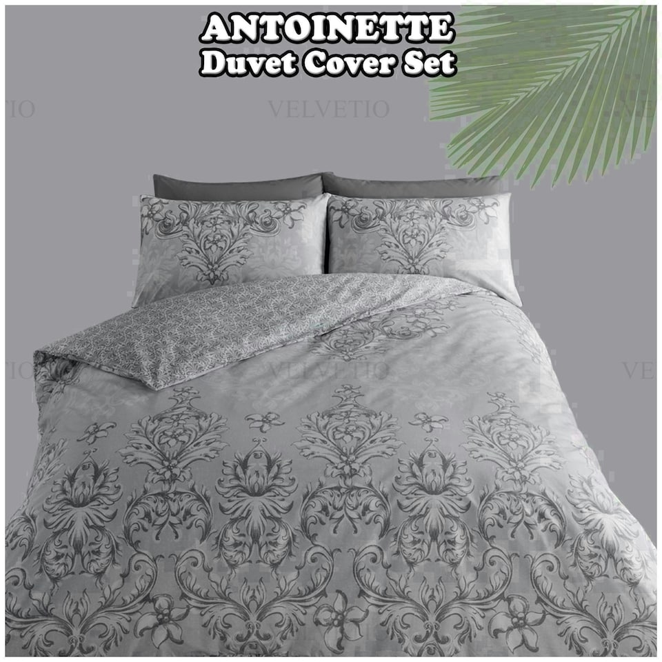 image 1 of VELVETIO Antoinette Printed Duvet Cover Set Reversible Polycotton Beddings Grey | Double