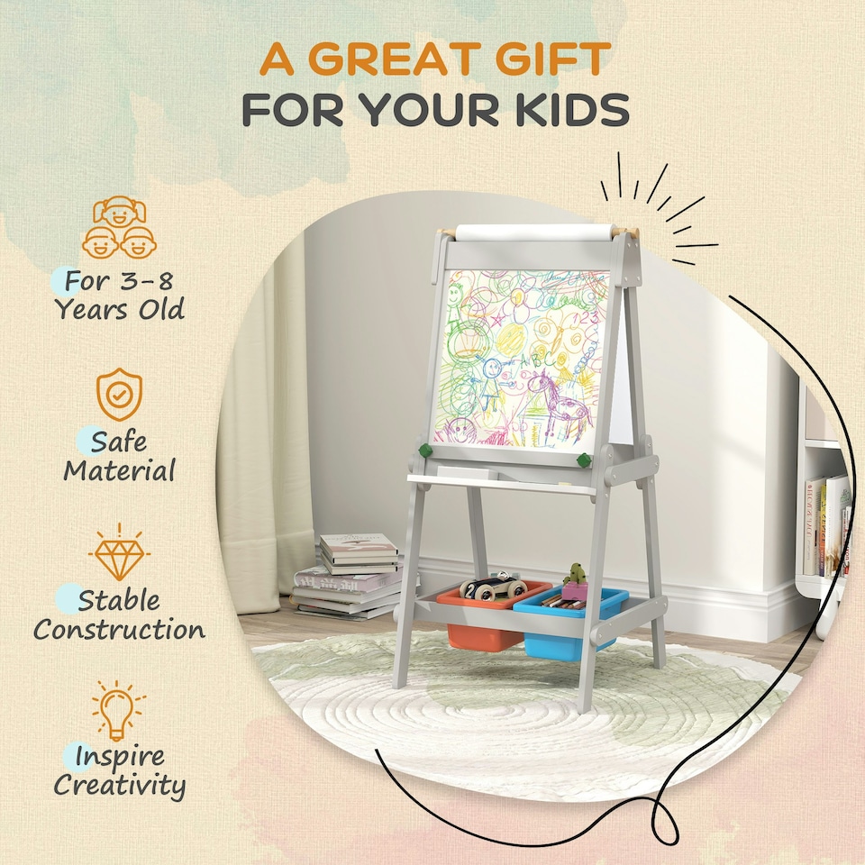 image 1 of AIYAPLAY Double-Sided Art Easel for Kids with Paper Roll, Storage Boxes Grey