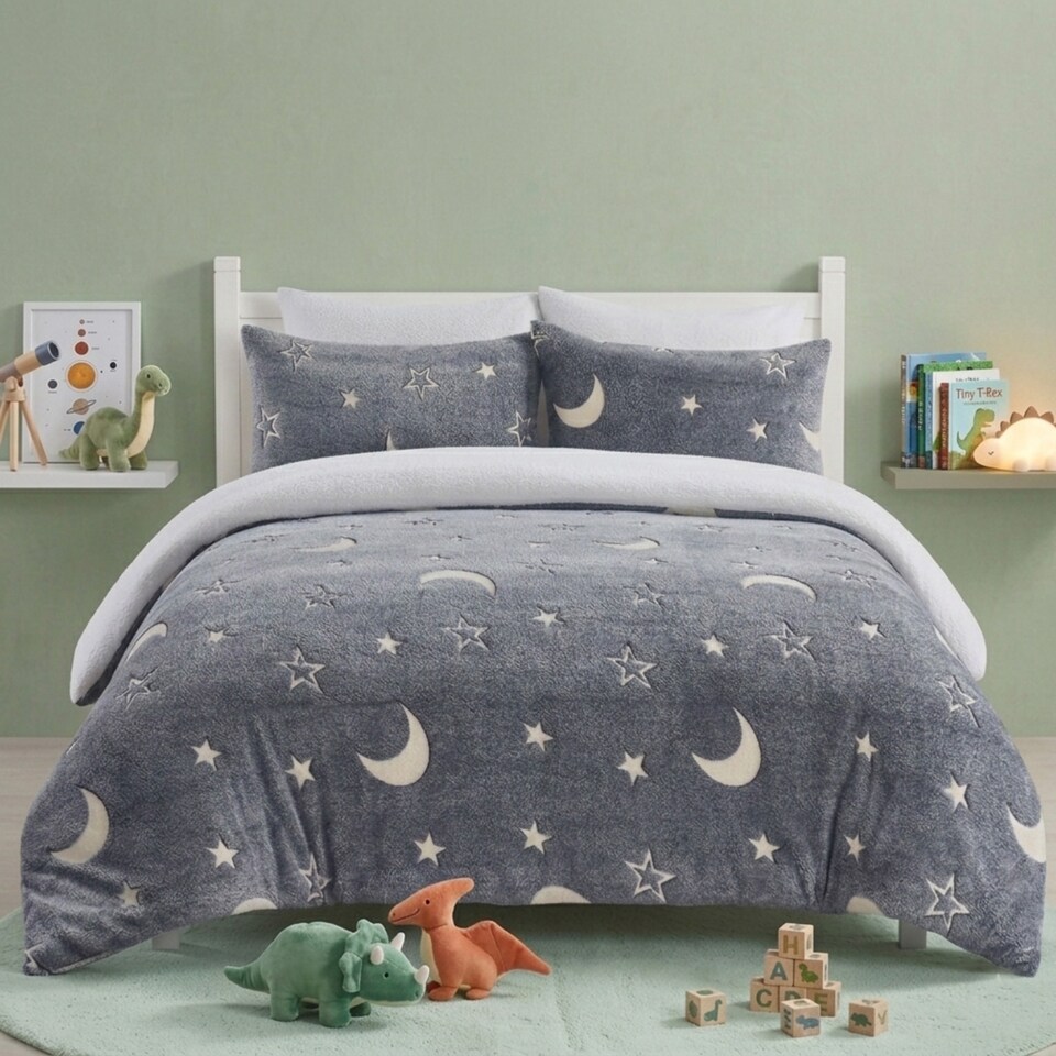 image 1 of Glow in the Dark Teddy Moon And Stars Design Bedding Cute Kids Duvet Set | Grey | Single