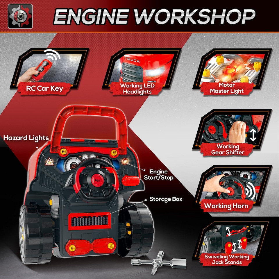 image 1 of HOMCOM Kids Truck Engine Toy Set w/ Horn, Light, Car Key for 3-5 Years Old Red