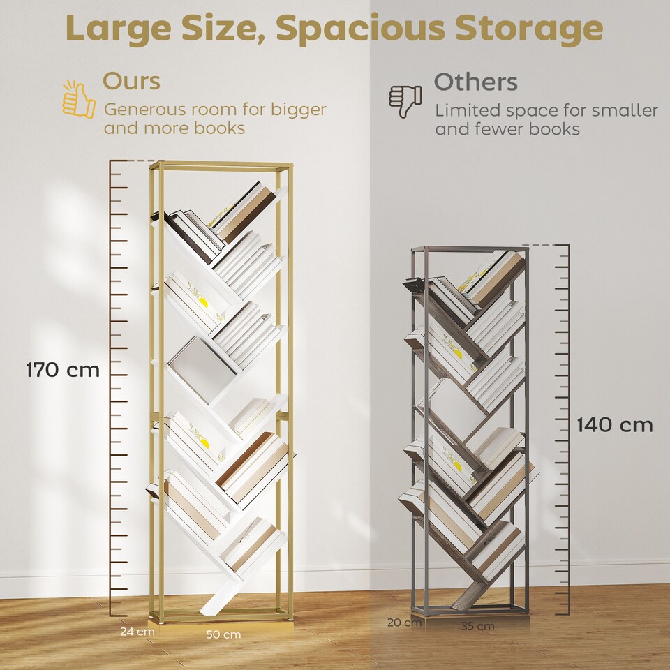 image 1 of HOMCOM Tree Bookshelf, 10 Tier Floor Standing Bookcase, Modern Tall Display Storage Shelving Unit for Living Room, Home Office, Bedroom, White and Gold Tone | White | White and Gold Tone