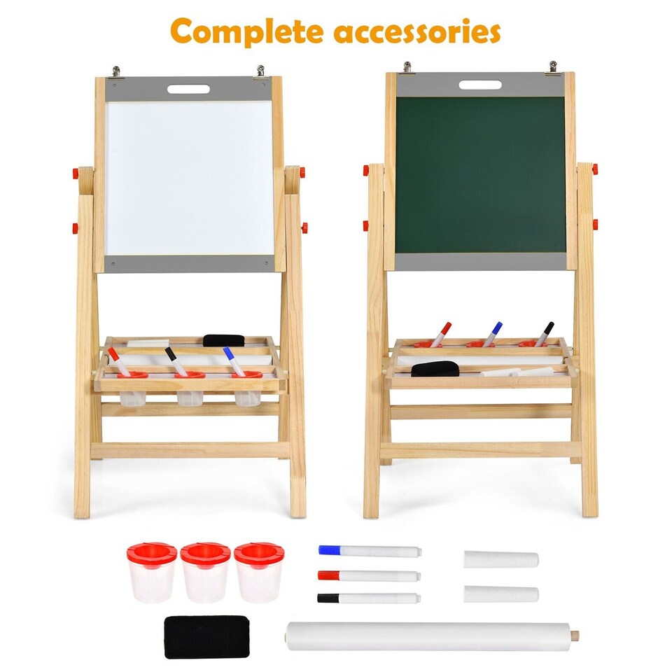 image 1 of COSTWAY 3-in-1 Foldable Kids Easel Kids Wooden Art Easel Double Sided Blackboard Chalks