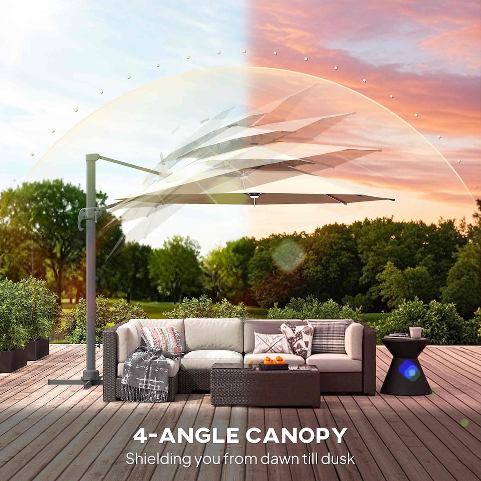 image 1 of Outsunny 3 m Cantilever Roma Parasol with LED Solar Lights, Crank and Tilt, Aluminium Frame, Cross Base and Adjustable Canopy 360 Rotating Sun Umbrella with 2Tier Shade, Beige