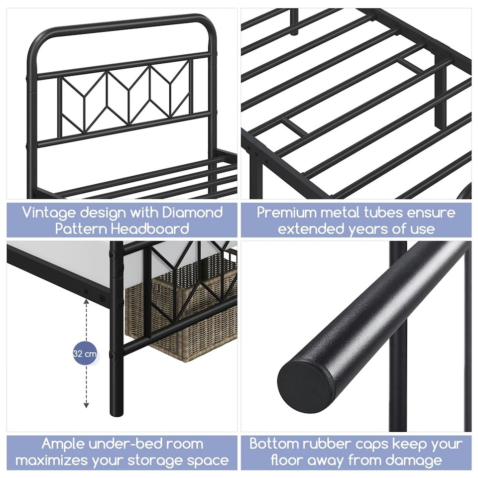 image 1 of Yaheetech 3ft Single Vintage Metal Bed Frame with Diamond Pattern Headboard Black