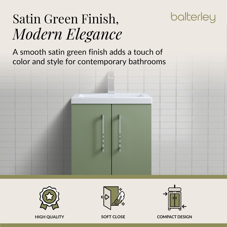 image 1 of Balterley Level Compact Bathroom Cloakroom Vanity Basin Unit with Ceramic Basin, Handles | Green | Satin Green