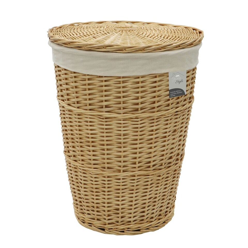 image 1 of JVL Hand Woven Acacia Round Laundry Willow Basket with Lid, Honey Finish Brown