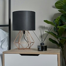 ValueLights Angus Pair of Copper Metal Bed Side Table Lamps with Black Fabric Shades and LED Golfball Bulbs In Warm White Copper
