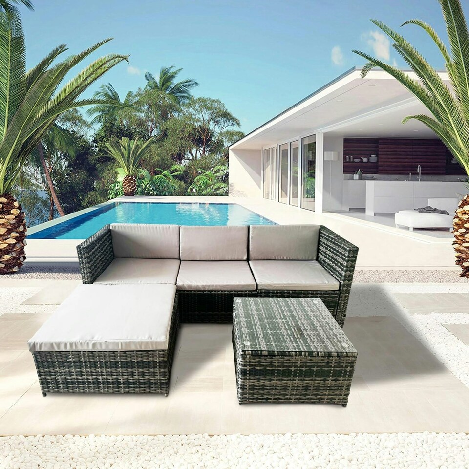 image 1 of Alivio 3 Seater Rattan Corner Sofa Set, 3 Piece PE Rattan Garden Furniture Set with Coffee Table Grey