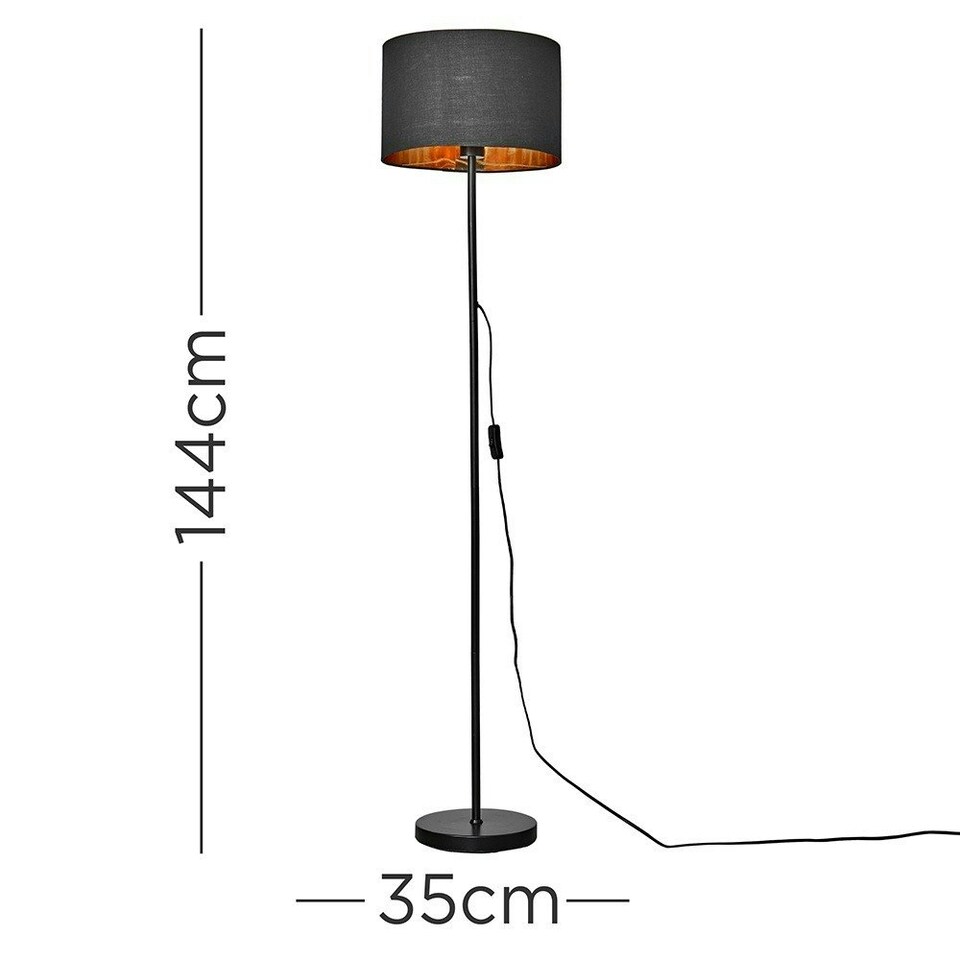 image 1 of ValueLights Floor Lamp Base In Black Metal Finish With Black Gold Drum Shade