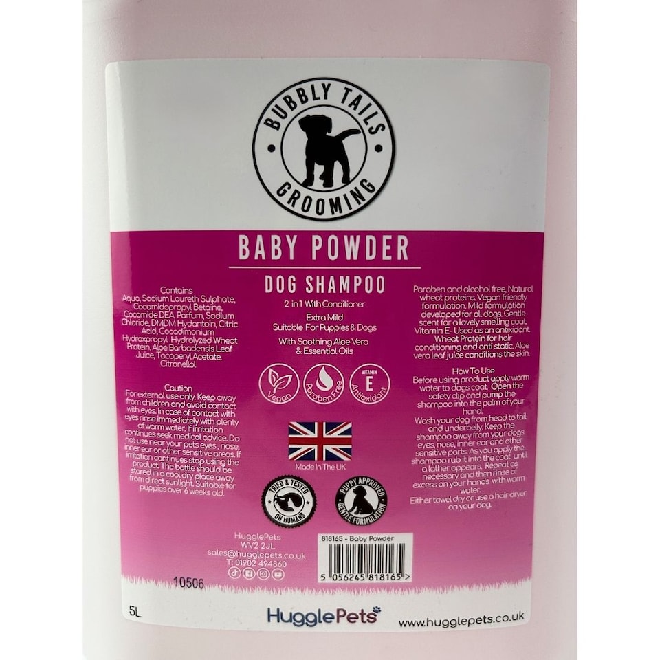image 1 of HugglePets Bubbly Tails Baby Powder 2 In 1 Dog Shampoo 5L