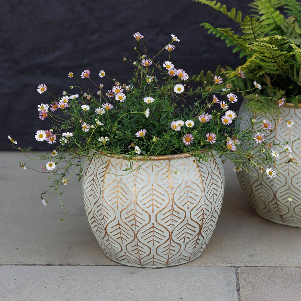 image 1 of Primrose Set of 2 Metal Leaf Design Spherical Decorative Planters in Cream 31cm | Cream | Off White