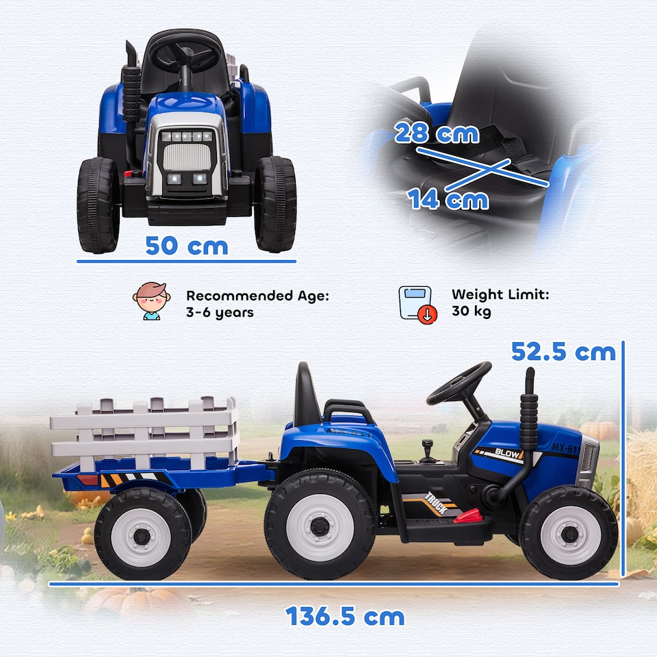 image 1 of HOMCOM Ride On Tractor with Detachable Trailer, Remote Control, Music, Blue