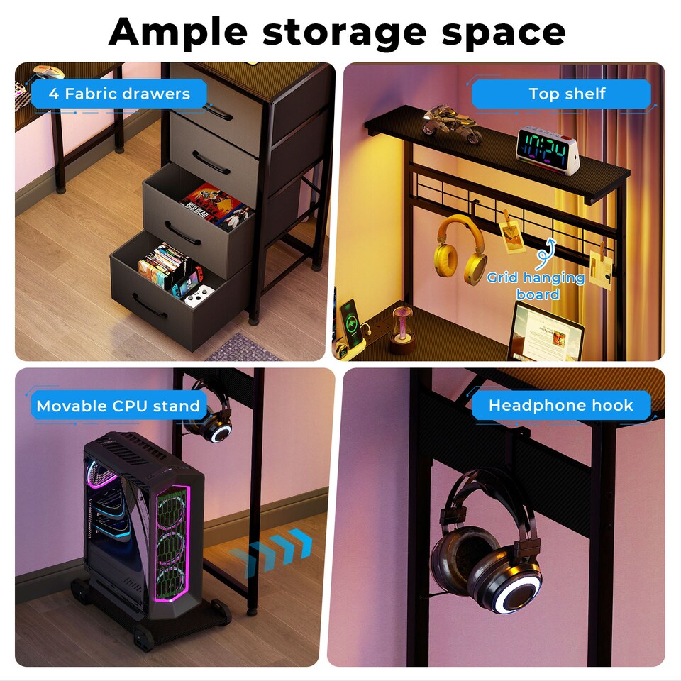 image 1 of Levede L-Shaped Gaming Desk Office Computer Table Power Socket LED Drawers