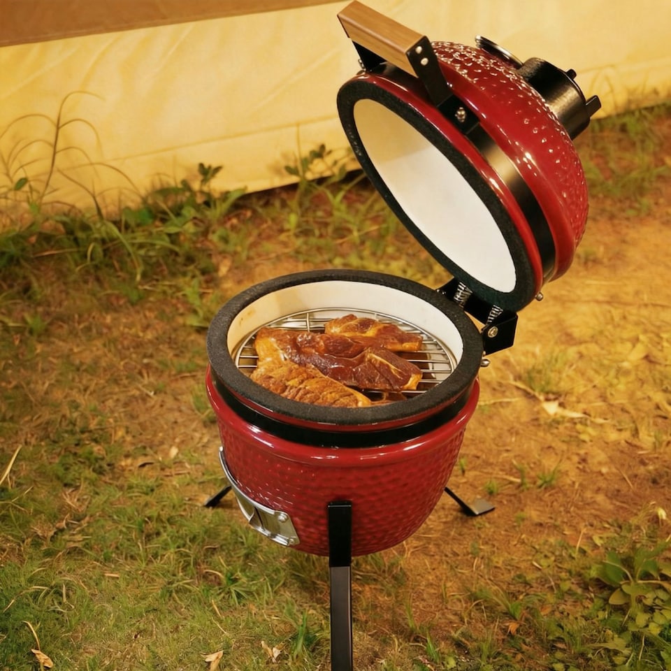 image 1 of Alivio Kamado 13-Inch Ceramic Mini BBQ Grill & Charcoal Smoker with Stand (Red)