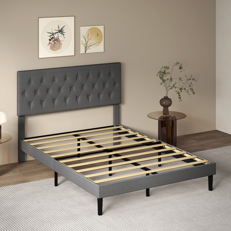 image 1 of Levede King Bed Frame Upholstered Linen Fabric Soft Foam Headboard Wooden Grey | Grey | Grey
