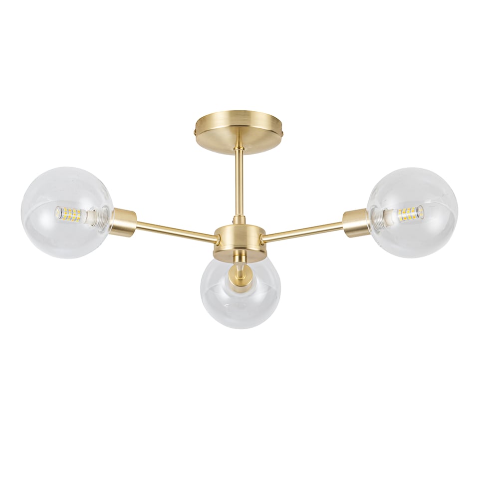 image 1 of Set of 2 Toner - Satin Brass with Globes 3 Light Flush Ceiling Lights | Gold | Satin brass plate and clear glass | Medium | 1