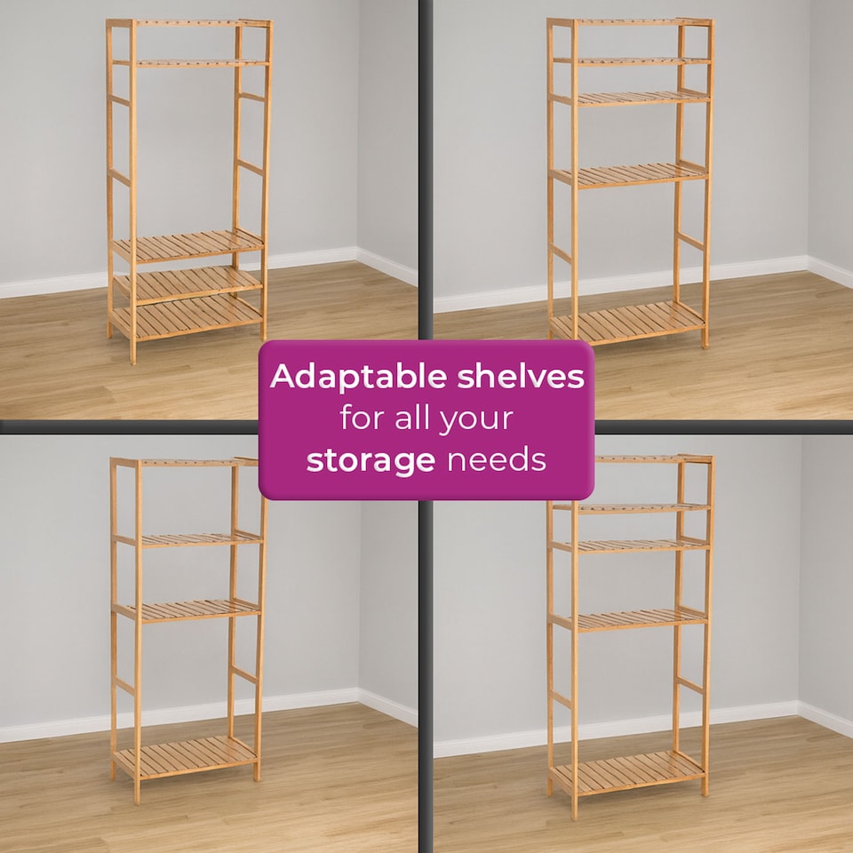 image 1 of Neo 5 Tier Bamboo Storage Shelf Shelves Rack Adjustable | Brown | Natural Wood