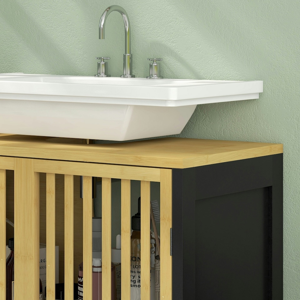 image 1 of HOMCOM Under Sink Bathroom Cabinet, Bamboo Sink Storage Cabinet Slat Doors Yellow | Natural wood finish