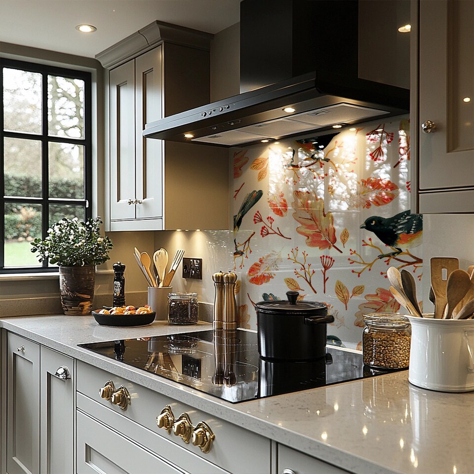 image 1 of Birds & Leaves In Autumn Splash Back | White