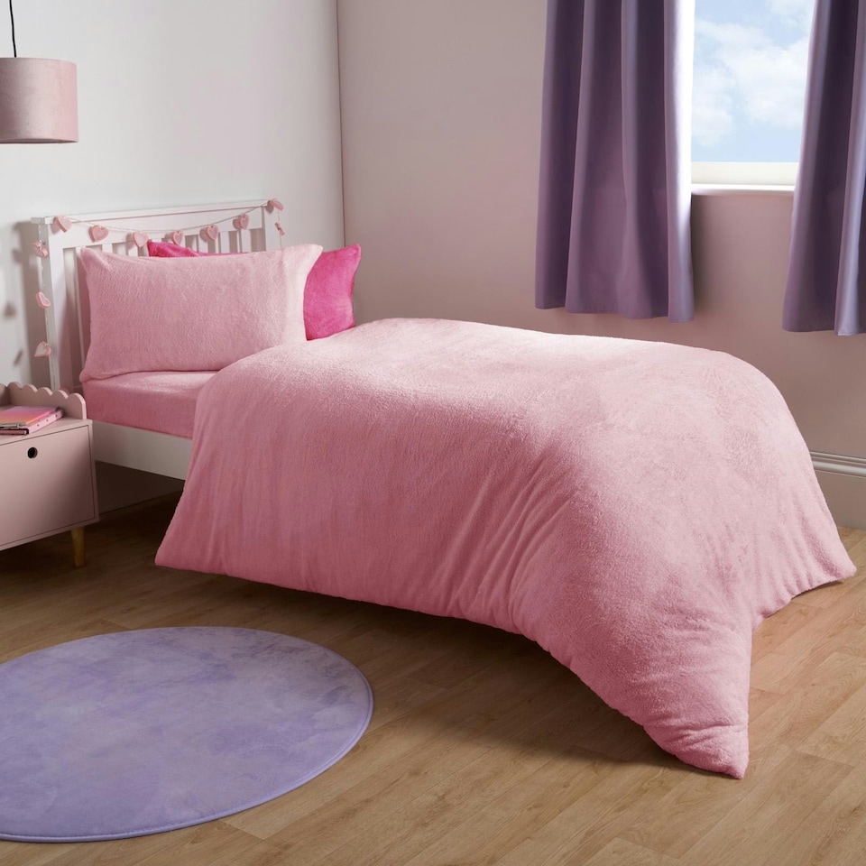 image 1 of OHS Luxury Teddy Fleece Reversible Duvet Cover and Pillowcase Bedding Set | Multi | Pink/Hot Pink | Double