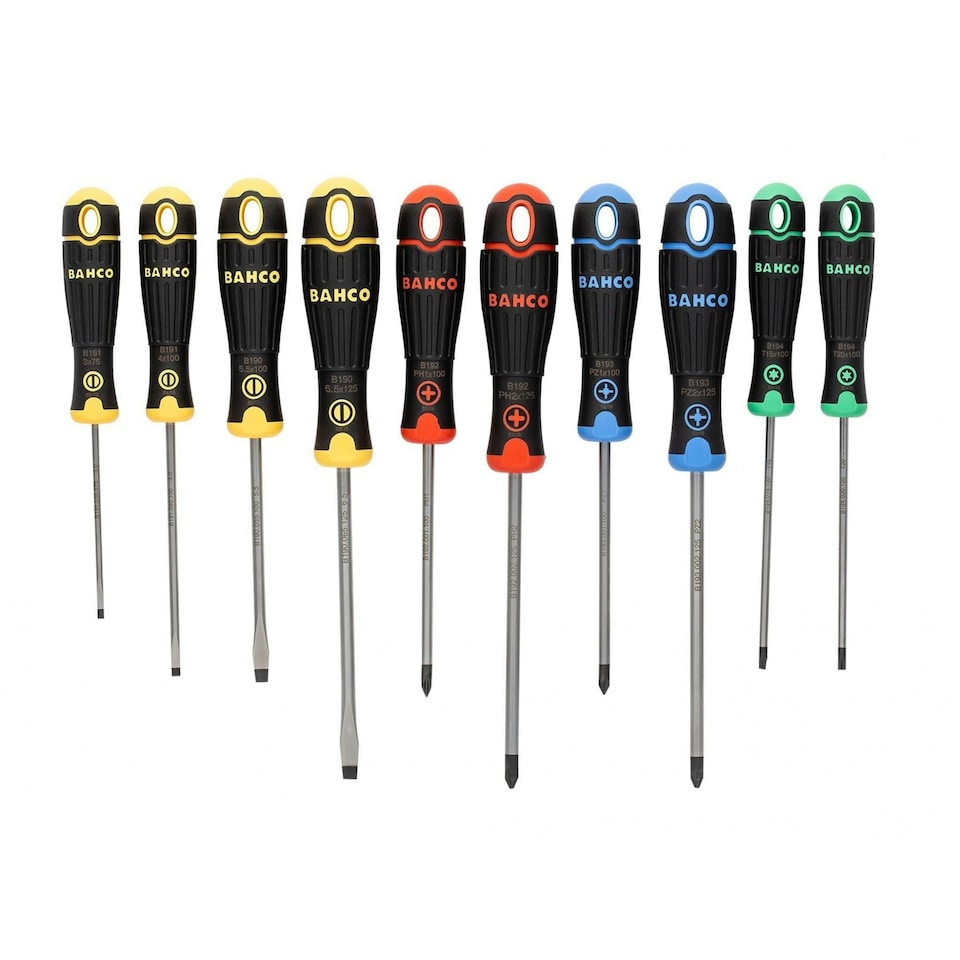 Bahco Bahcofit Coloured Handle Screwdriver Set, 10 Piece - Multi Colour - One Size