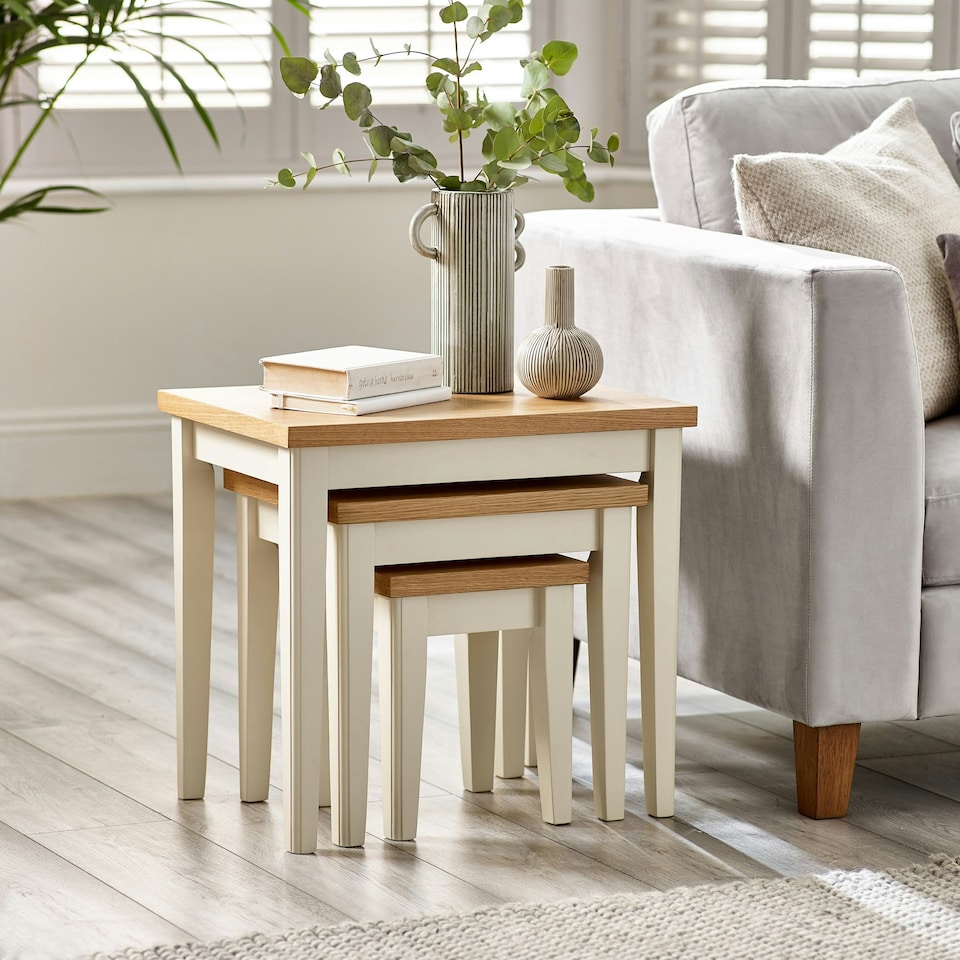image 1 of Furniturebox Eden Oak and Cream 3x Wooden Nesting Tables