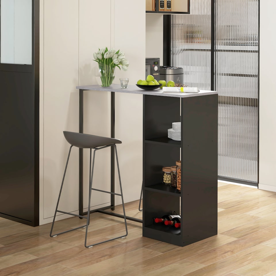 image 1 of HOMCOM Breakfast Bar Table with 3-Tier Storage Shelf and Wine Rack, Black