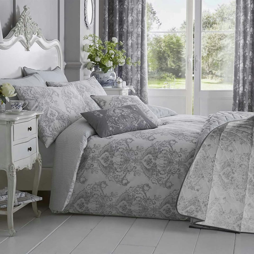image 1 of Homescapes French Toile Patterned Duvet Cover Set, Super King | Grey