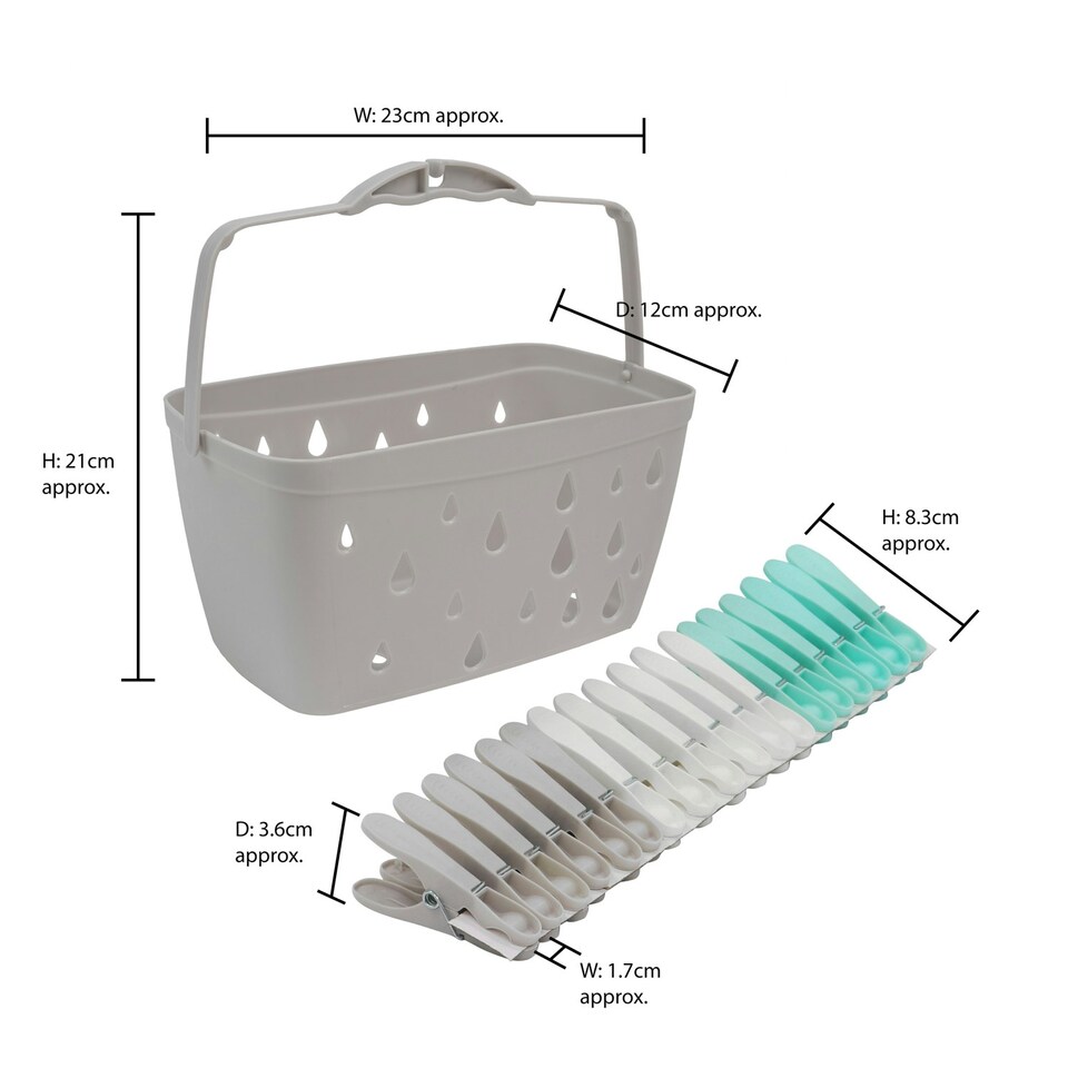 image 1 of JVL Plastic Peg Basket, Grey with 36 Extra Strong Plastic Pegs, Aqua