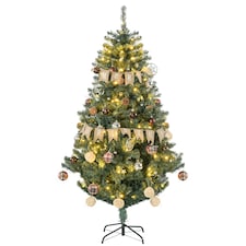 HOMCOM 6ft Pre Lit Artificial Christmas Tree Holiday Decor with 150 Warm White LED Lights and 650 Tips, Banner, Ball, Tag, Tree Decoration, Auto Open