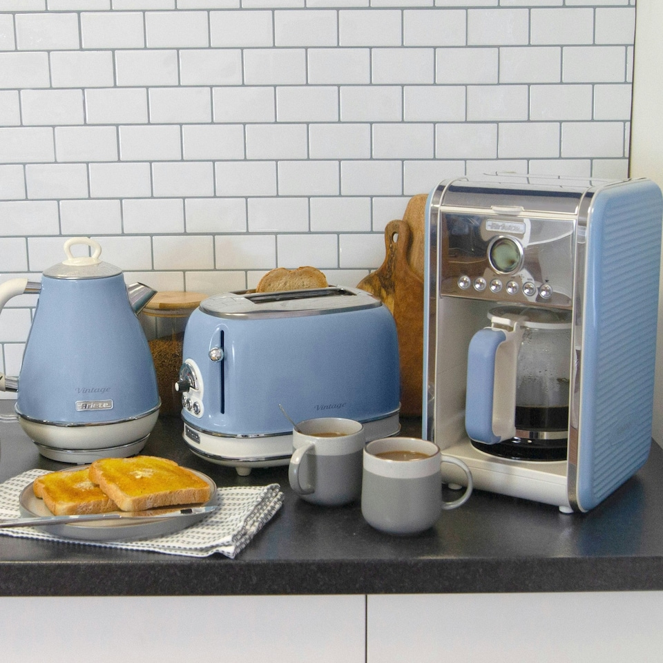 image 1 of Ariete ARPK9 Vintage Retro Jug Kettle, Toaster & Filter Coffee Machine Set, Blue