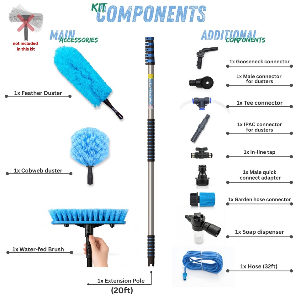 image 1 of IGADPole 6m (20ft) Water-Fed Pole Cleaning Kit – Includes Water-fed Brush, Cobweb & Microfibre Duster, Soap Dispenser & Hose Tap