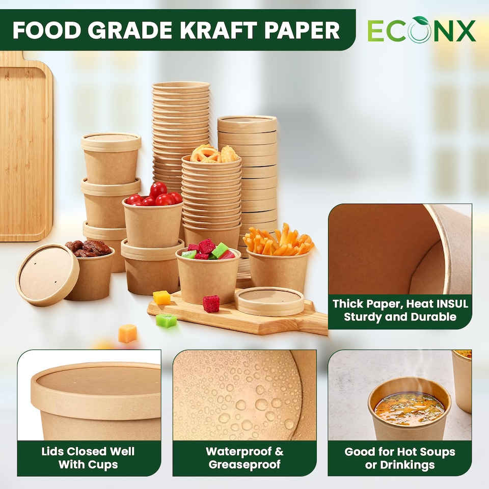 image 1 of ECONX 8oz Disposable Paper Soup Cups Food Containers with Lids Takeaway Tubs 50pc
