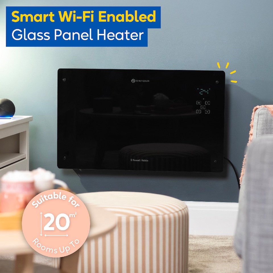 image 1 of Russell Hobbs RHPANH2006B Glass Panel Electric Heater 2000W Smart Wi-Fi Enabled in Black