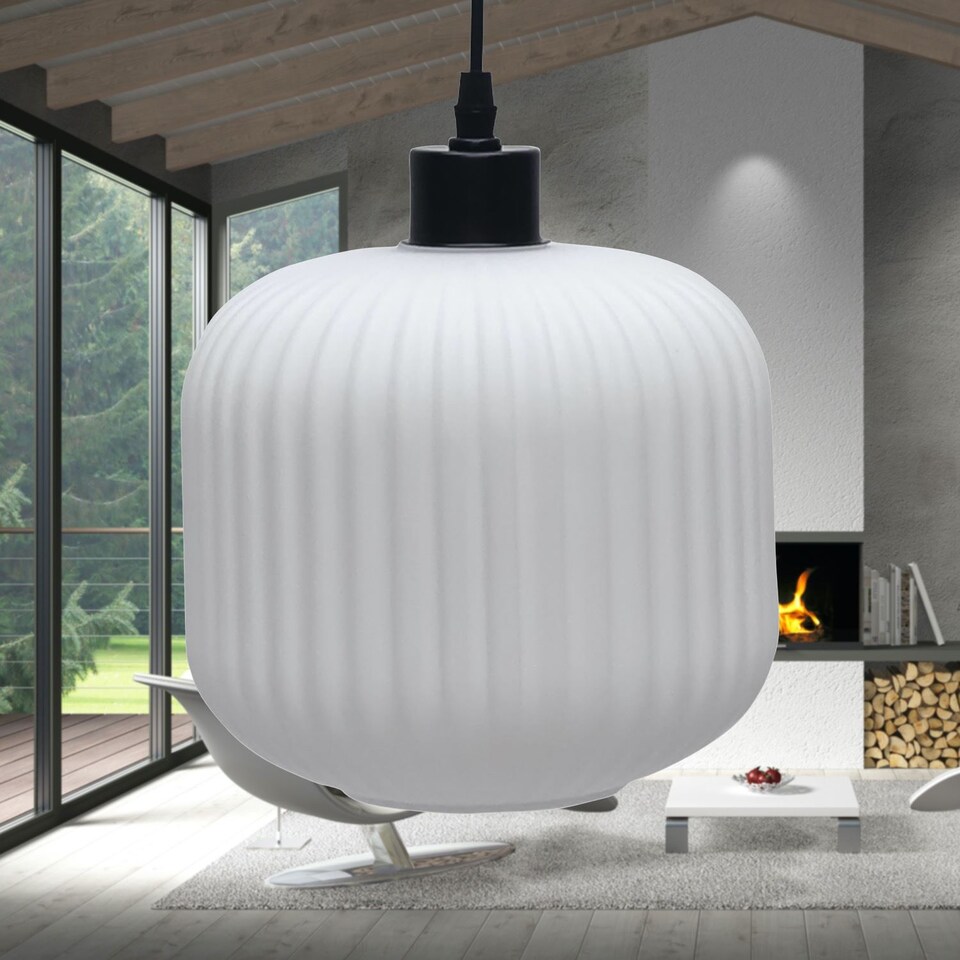 image 1 of Bento - White Ribbed Glass with Black Pendant Fitting | Black | White | 1