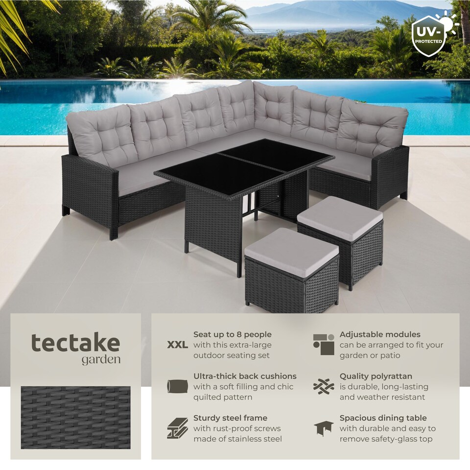 image 1 of 8 Seater Garden Furniture Set Barletta with Cushions, Footstools and Table | Black | black | 116,50 x 63 x 75 cm | 1