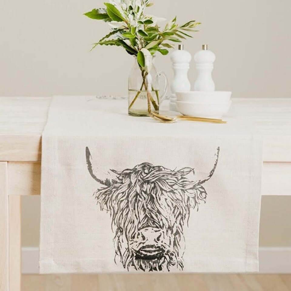 image 1 of The Just Slate Company Highland Cow Linen Table Runner